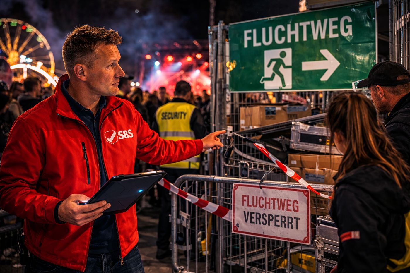 Gesperrter Fluchtweg bei einer Veranstaltung